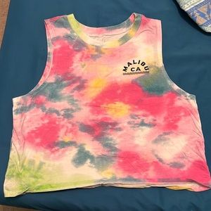 Women’s cropped “Malibu CA” multi-colored tie dye tank top.